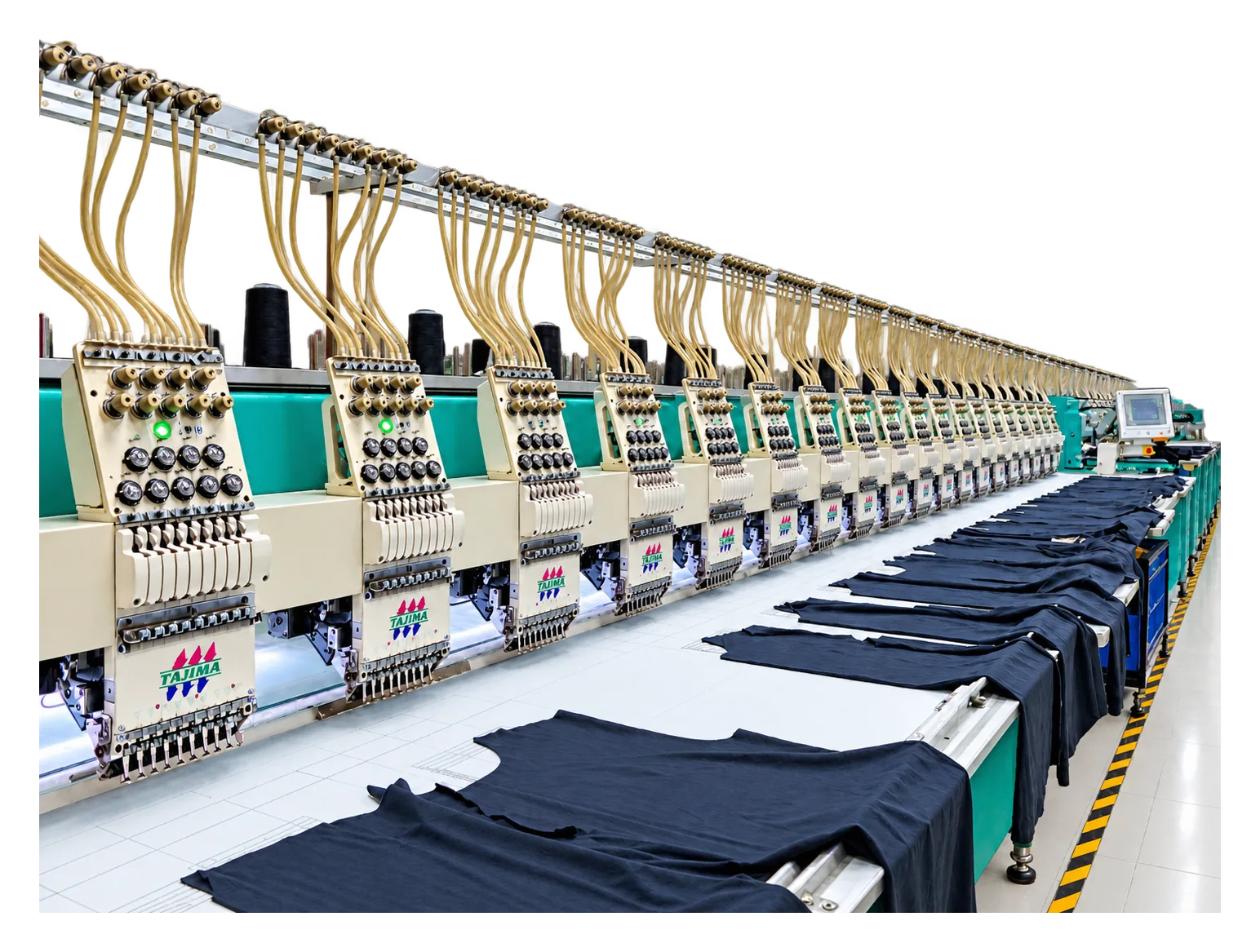 A row of Tajima multi head embroidery machines working over navy panels