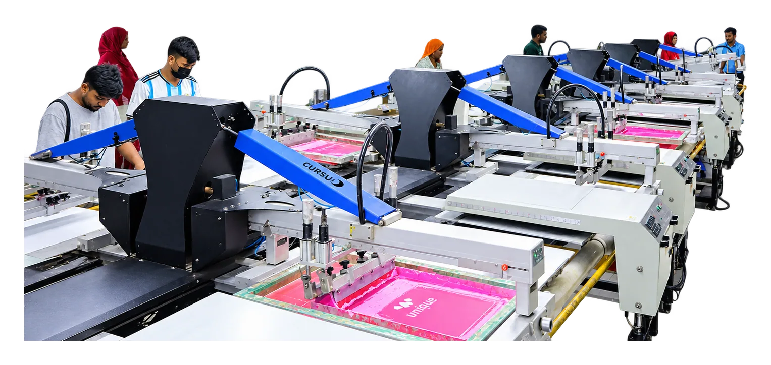 Operators running pink ink through a row of carousel screen printing presses